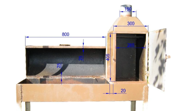 Розміри камер і дверцят коптильні-мангала з металевих листів.